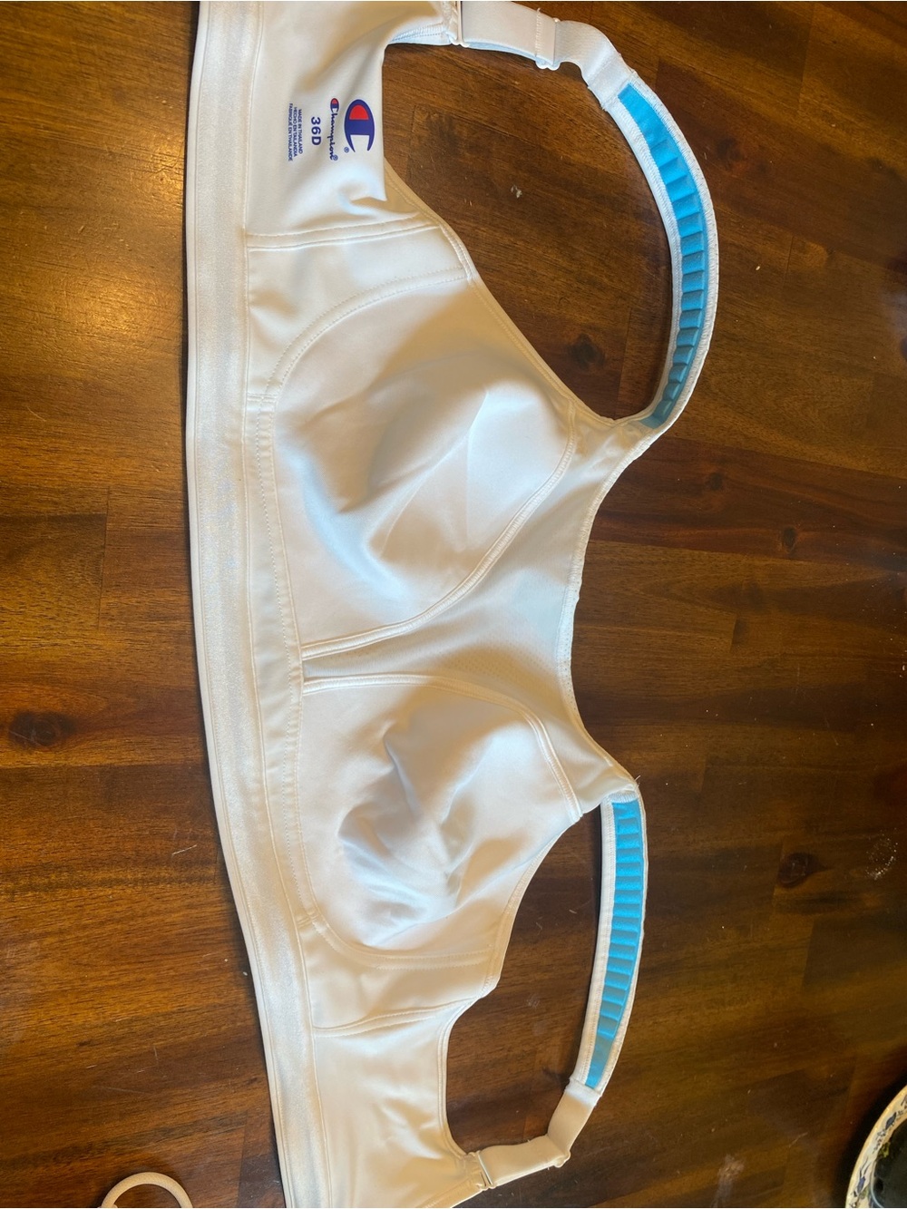 36 D Champion White Sports Bra with Light Blue Trim